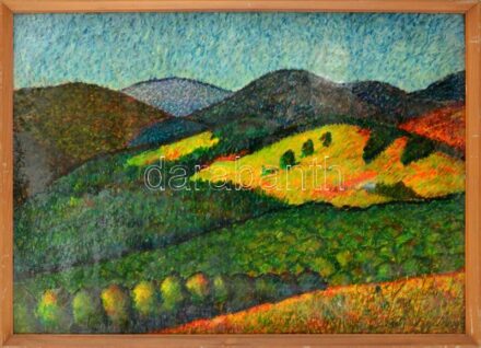 Ujváry Lajos (1925-2006): Színes táj. Olajpasztell, karton, jelzett, foltos. Üvegezett fakeretben, 48×68 cm