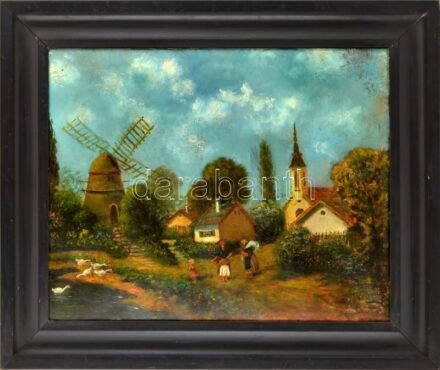 Jelzés nélkül: Faluvége. Olaj, karton, kissé sérült. Dekoratív fakeretben, 55×68 cm