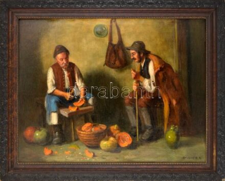 Horváth G. Andor (1876-1966): Tökhámozók. Olaj, vászon, jelzett, restaurált. Dekoratív fakeretben, 75×100 cm. KIZÁRÓLAG SZEMÉLYES ÁTVÉTEL, NEM POSTÁZZUK! / ONLY PERSONAL COLLECTION AT OUR OFFICE.