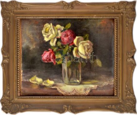 Novák jelzéssel: Csendélet. Olaj, karton. Dekoratív, kissé sérült üvegezett fakeretben, 30×40 cm.