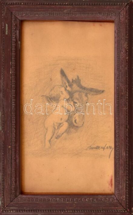 Olvashatatlan jelzéssel, 1900 körül: Puttó és a szamár. Ceruza, papír. Kopott, üvegezett keretben. 25x16 cm