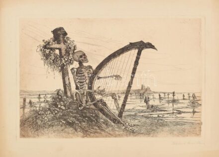 Fábiánné Biczó Ilona (1886-1970): Memento az I. világháború után. Sarkain sérülésekkel. Rézkarc, papír, jelzett. 23x36 cm