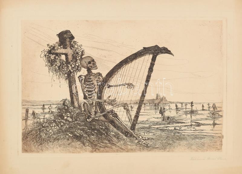 Fábiánné Biczó Ilona (1886-1970): Memento az I. világháború után. Sarkain sérülésekkel. Rézkarc, papír, jelzett. 23x36 cm