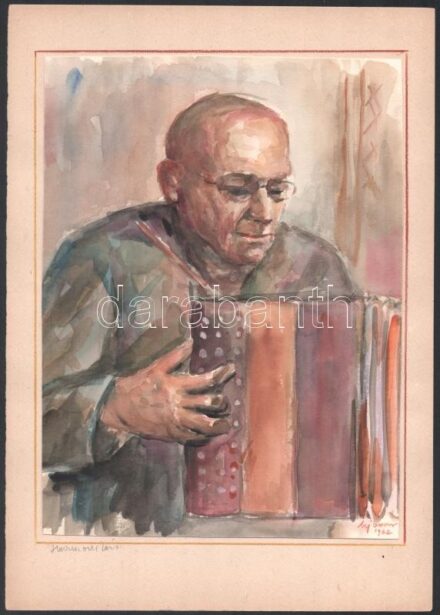 Ujváry Lajos (1925-2006): Harmonikás, 1962. Akvarell, papír, jelzett. Papírra kasírozva. 24x18 cm