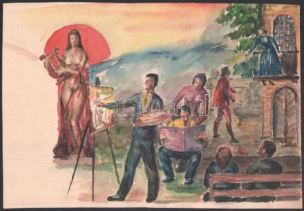 Ujváry Lajos (1925-2006): Művésztelep. Akvarell, ceruza, papír, jelzés nélkül. Lap jobb széle kissé sérült. 22x32 cm