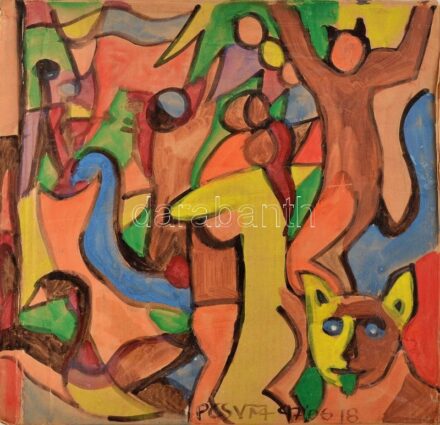 Csepeli Németh Miklós (1934-2012): Kerti buli kutyával, 1997. Akvarell, karton. Jelzett. 54x57 cm