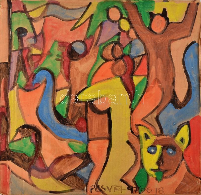 Csepeli Németh Miklós (1934-2012): Kerti buli kutyával, 1997. Akvarell, karton. Jelzett. 54x57 cm