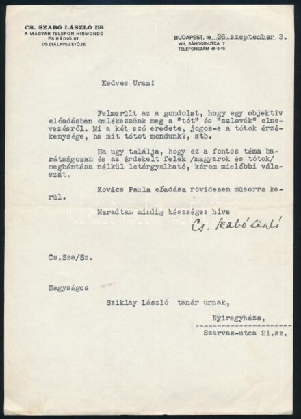 1936 Cs. Szabó László (1905-1984) író levele Sziklay László (1912-1987) részére