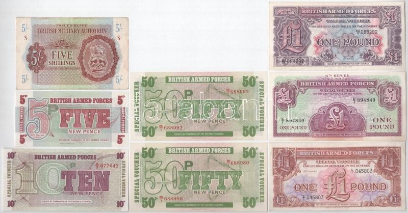 Nagy-Britannia / Brit katonai kiadás DN (1943) 5sh + DN (1948-1962) 1P (3xklf kiadás) + DN (1972) 5p + 10p + 50p (2x) T:I-III Great Britain / British Military Authority / British Armed Forces ND (1943) 5 Shillings + ND (1948-1962) 1 Pound