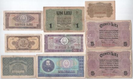 Románia / Német megszállás 1917. 25b + 50b + 1L + 5L (2x) + 1952. 1L + 1966. 5L + 10L + 100L T:II-III- Romania / German Occupation 1917. 25 Bani + 50 Bani + 1 Leu + 5 Lei (2x) + 1952. 1 Leu + 1966. 5 Lei + 10 Lei + 100 Lei C:XF-VG
