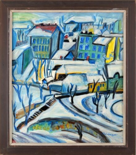 Schönberger jelzéssel: Téli város. Olaj, farost, fakeretben. 70×60 cm