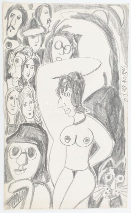 Csepeli Németh Miklós (1934-2012): Női akt társaságban, 1984. Ceruza, papír, jelzett, törésnyomokkal, 49,5x30 cm