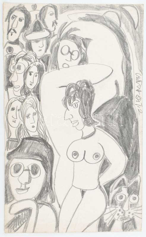 Csepeli Németh Miklós (1934-2012): Női akt társaságban, 1984. Ceruza, papír, jelzett, törésnyomokkal, 49,5x30 cm