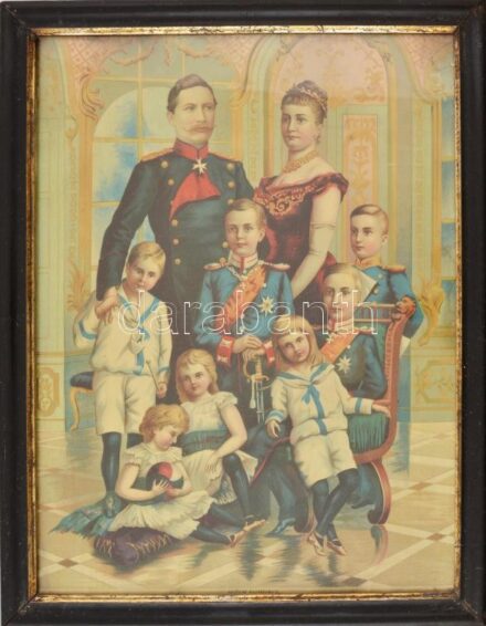 cca 1900 Vilmos császár és családja nagy méretű olajnyomat üvegezett keretben 35x46 cm
