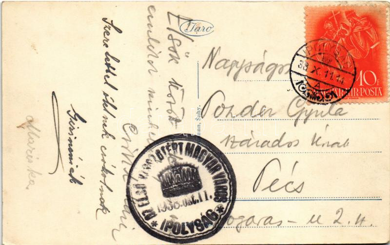 Ipolyság, Sahy; Fő tér, Lengyel szálloda, Jakob Neumann üzlete / Ciastka námestie / main square, hotel, shops + '1938 Ipolyság Az Első Visszatért Magyar Város' So. Stpl. - Image 2