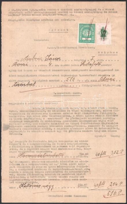 1940 Hódmezővásárhelyi városi illetékbélyeggel ellátott ajánlat