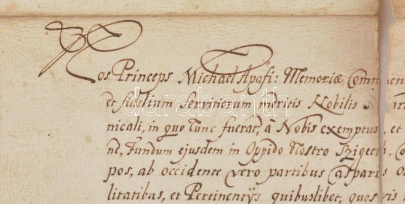 1700 II. Apafi Mihály erdélyi fejedelem szigeti Tar Márton részére adómentességet adományozó oklevele annak máramarosszigeti birtokára. Latin nyelven. Papír, a hajtások mentén szakadt, két részre vált, felzetes viaszpecséttel, - Image 2