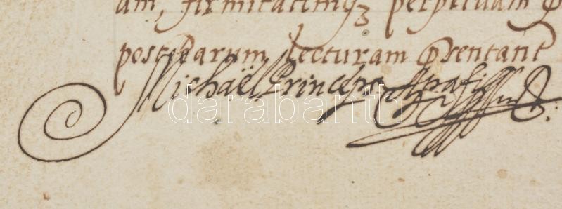1700 II. Apafi Mihály erdélyi fejedelem szigeti Tar Márton részére adómentességet adományozó oklevele annak máramarosszigeti birtokára. Latin nyelven. Papír, a hajtások mentén szakadt, két részre vált, felzetes viaszpecséttel, - Image 4