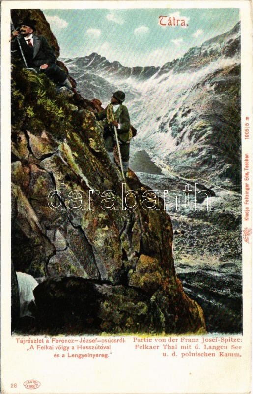 Tátra, Vysoké Tatry; Tájrészlet a Ferenc József csúcsról. A Felkai völgy, Hosszú-tó és a Lengyel-nyereg, hegymászók. Kiadja Feitzinger Ede 1905/5. 28. Auto-Chrom / Stít Frantiska Jozefa, Velická dolina / mountain climbers (EK)