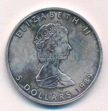 Kanada 1989. 5$ Ag 'II. Erzsébet / Juharlevél' (1oz/0.999) T:1,1- Canada 1989. 5 Dollars Ag 'Elizabeth II / Maple Leaf' (1oz/0.999) C:UNC,AU Krause KM#163