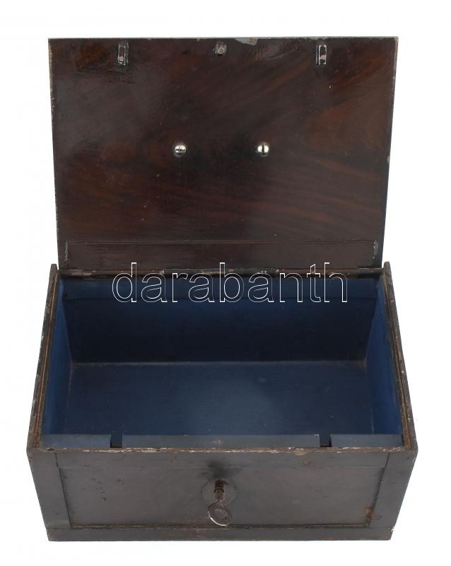 Régi pénztári kazetta / páncéldoboz, zománcozott fém, kulccsal, működő zárral, belül beütött sorszámmal. Korának megfelelő kopásokkal, rozsdafoltokkal, 26x18x12 cm - Image 3