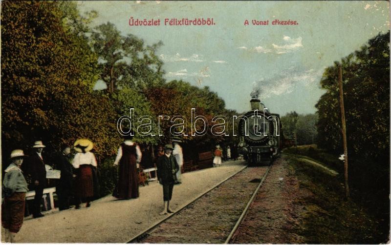 Félixfürdő, Félikszfürdő, Baile Felix; vasútállomás, gőzmozdony, vonat. Engel József kiadása / railway station, locomotive, train