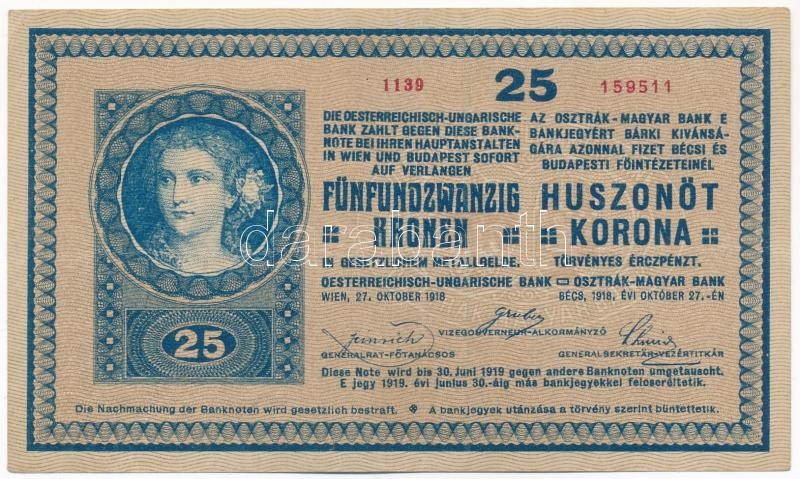 1918. 25K '1139' 2mm, hullámos hátlappal T:III hátoldalán kis folt, egyébként szép papír Adamo K22B