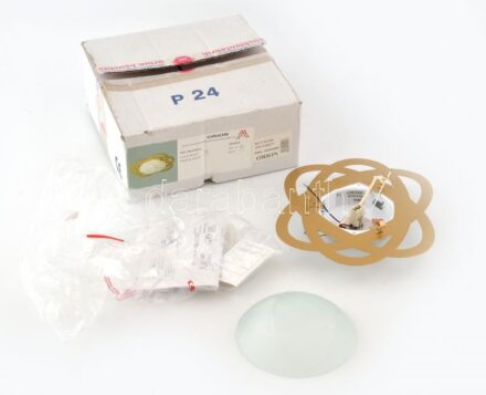 Orion design mennyezeti lámpa, csiszolt üvegbúra, matt aranyszínű fém kerettel, újszerű, eredeti dobozában, d: 23 cm