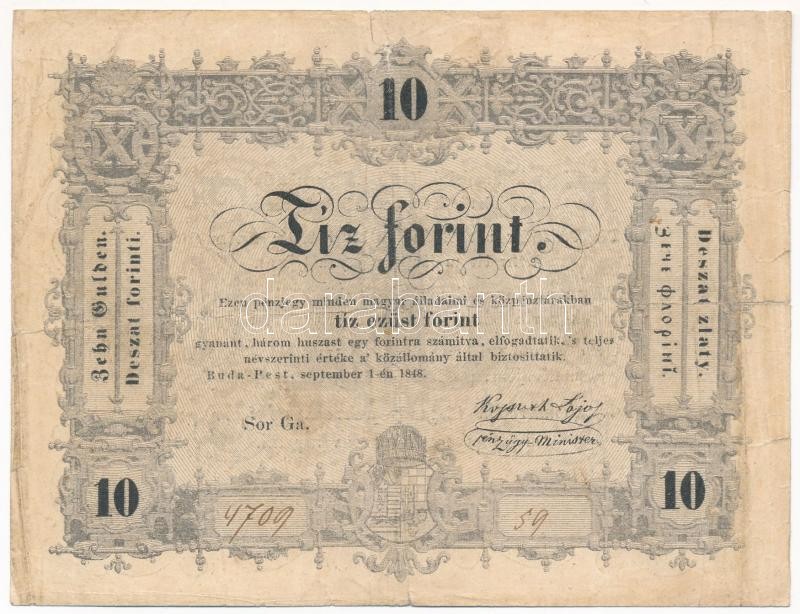 1848. 10Ft 'Kossuth bankó' 'Ga 4709 59' T:III- szakadások Adamo G111