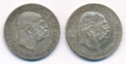 Ausztria 1913-1915. 1K Ag 'Ferenc József' (2xklf) T:2 patina Austria 1913-1915. 1 Corona Ag 'Franz Joseph' (2xdiff) C:XF patina Krause KM#2820