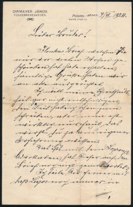 1924 Dirmayer János fűszerkereskedése fejléces levélpapírjára írt levél