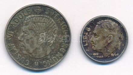 Vegyes: Svédország 1967. 1K Ag 'VI. Gusztáv Adolf' + Amerikai Egyesült Államok 1964. 1d Ag 'Roosevelt' T:2,2- patina Mixed: Sweden 1967. 1 Krona Ag 'Gustav Adolf VI' + USA 1964. 1 Dime Ag 'Roosevelt' C:XF,VF patina