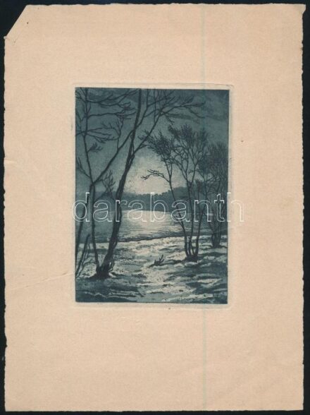 Jelzés nélkül: Vízparti táj. Rézkarc, papír. Törésnyomokkal. 13x9,5 cm