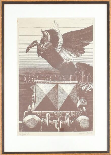 Kiss Gusztáv (1949-): Pegazus. Linómetszet. papír. Jelzett. Üvegezett keretben 28x40 cm Kis felületi sérülésekkel
