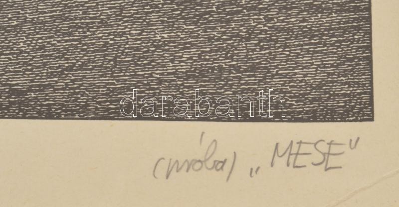 Kiss Gusztáv (1949-): Mese. Linómetszet. papír. Jelzett. Üvegezett keretben 26x40 cm - Image 2