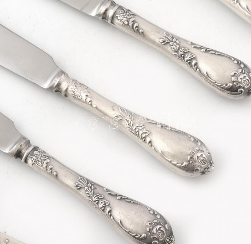 Díszes orosz / szovjet evőeszköz készlet, ezüstözött fém, hatszemélyes (kés, villa, leveses- és kiskanál). Jelzettek, kis kopásnyomokkal. - Image 2