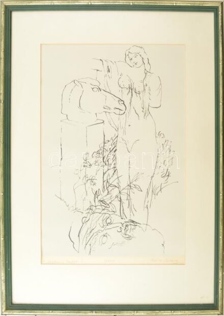 Reich Károly (1922-1988): A szobrász kertje IV. Ofszet, papír, jelzett, sorszámozott 1/100. 30x42 cm Üvegezett keretben.