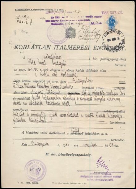 1936 Bp., Korlátlan italmérési engedély