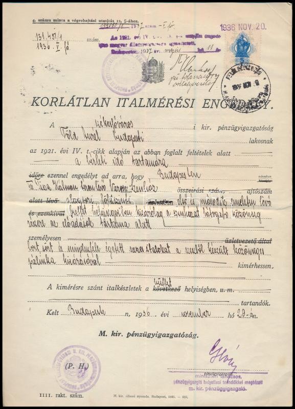 1936 Bp., Korlátlan italmérési engedély