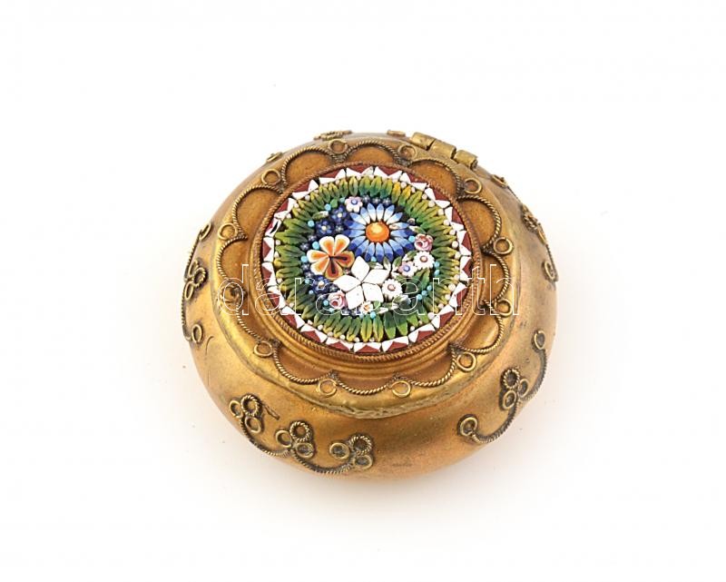 Muránói mikromozaikos dobozka, kopott, d:4,5cm