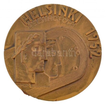 Finnország / Helsinki 1951. 'XV. Olimpia / Helsinki 1952' kétoldalas bronz részvételi emlékérem. Szign.: Kauko Räsänen (53mm) T:1-,2 patina, szennyeződés / Finland / Helsinki 1951. 'XV Olympic Games / Helsinki 1952' two-sided bronze