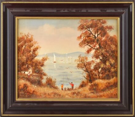 Feith Károly (1930-2017): Halásztanya. Olaj, farost, jelzett. Dekoratív, üvegezett fakeretben, 30×40 cm