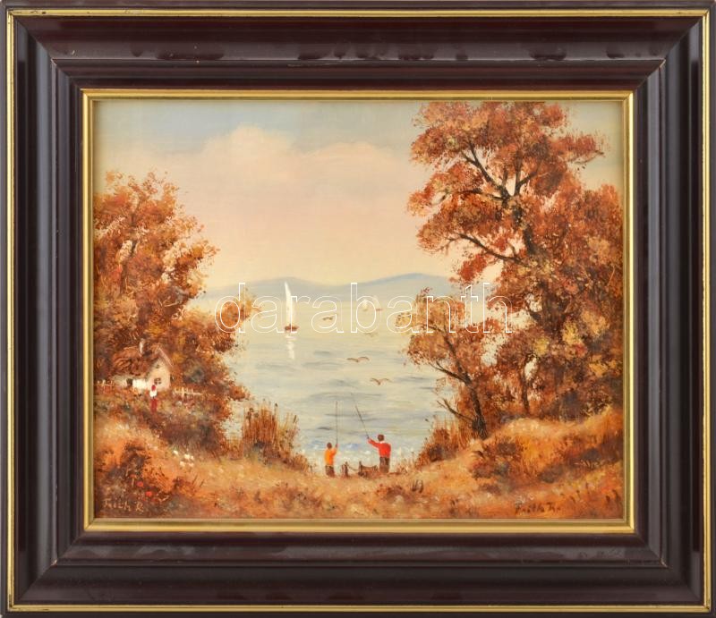 Feith Károly (1930-2017): Halásztanya. Olaj, farost, jelzett. Dekoratív, üvegezett fakeretben, 30×40 cm