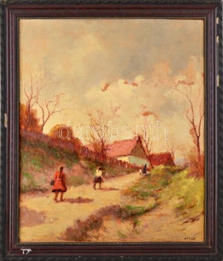 Guzsik Ödön (1902-1954): Hazafelé. Olaj, karton, jelzett. Dekoratív, sérült fakeretben, 60×50 cm