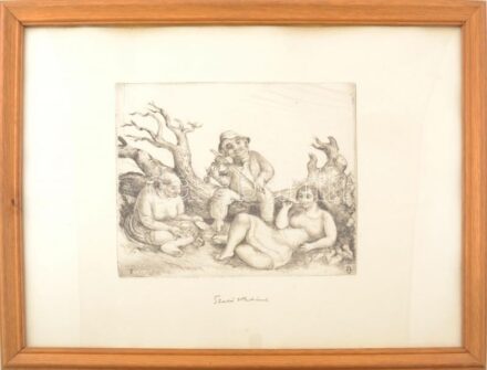 Szabó Vladimír (1905-1991): Család. rézkarc, papír, jelzett, üvegezett fakeretben, 25x30 cm