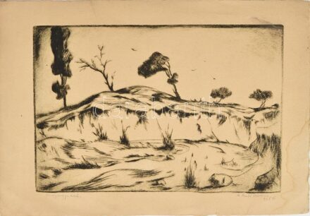 Szabó István jelzéssel: Agyagpart, 1928. Hidegtű, papír. Kissé foltos. 14,5x21,5 cm