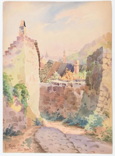 Tibai Takáts János (1876-1943): Tabán, Holdvilág utca, 1928. Akvarell, papír, jelzett. 50x35 cm
