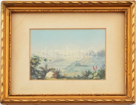 Jelzés nélkül, feltehetően XIX. sz. második fele: Romantikus táj. Akvarell, papír. Üvegezett keretben 8x11 cm