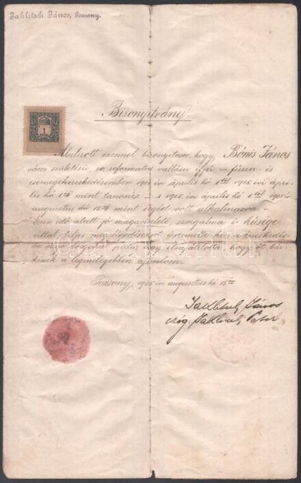 1905 Fűszer és csemegekereskedői (munkáltatói) bizonyítvány, Jahlitsch János pozsonyi kereskedő aláírásával, bélyegzésével, 1 K okmánybélyeggel, hajtott, javított, sérült.