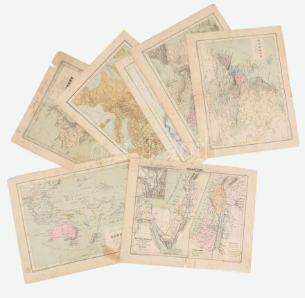 cca 1900 8 db térkép (Palesztina, Ausztrália, Európa, Egyesült Államok, stb.), szakadásokkal, megviselt állapotban